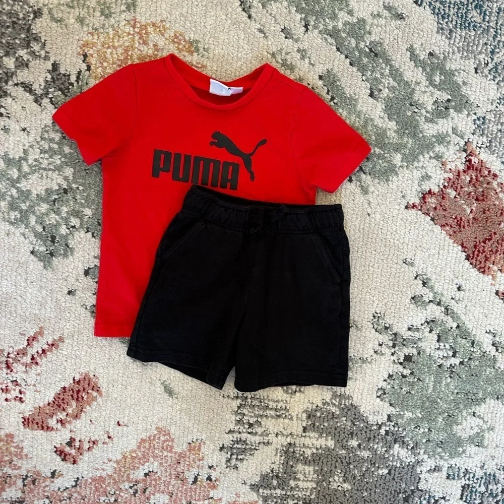Puma Toddler Boy Red T-Shirt and Cat & Jack Black Sweat Shorts Set Size 3T